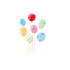 Watercolor colorful holiday sketch balloons set closeup isolated on white background. Hand painting on paper