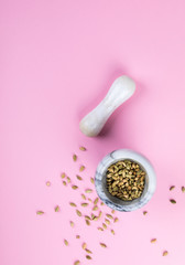 Cardamom in a stone mortar on the pink  background.Trendy Bright Colors. Concept. Minimalism. Healthy Food. Top View. Flat Lay. Copy space for Text.