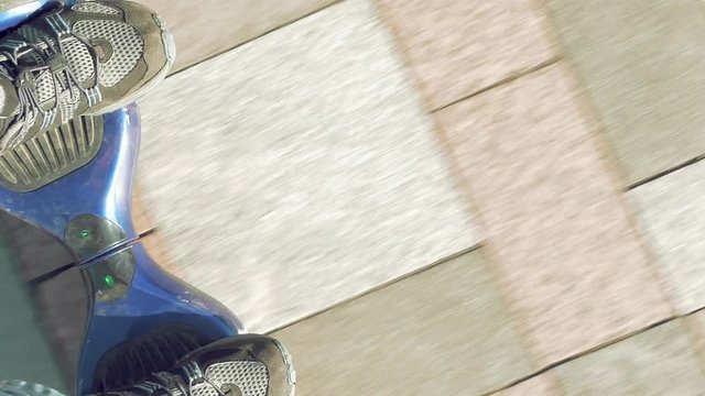 Man is riding hoverboard or electric self balancing gyro scooter board on the side walk. Modern and trendy urban transportation gadget. POV first person view. Vertical format video.