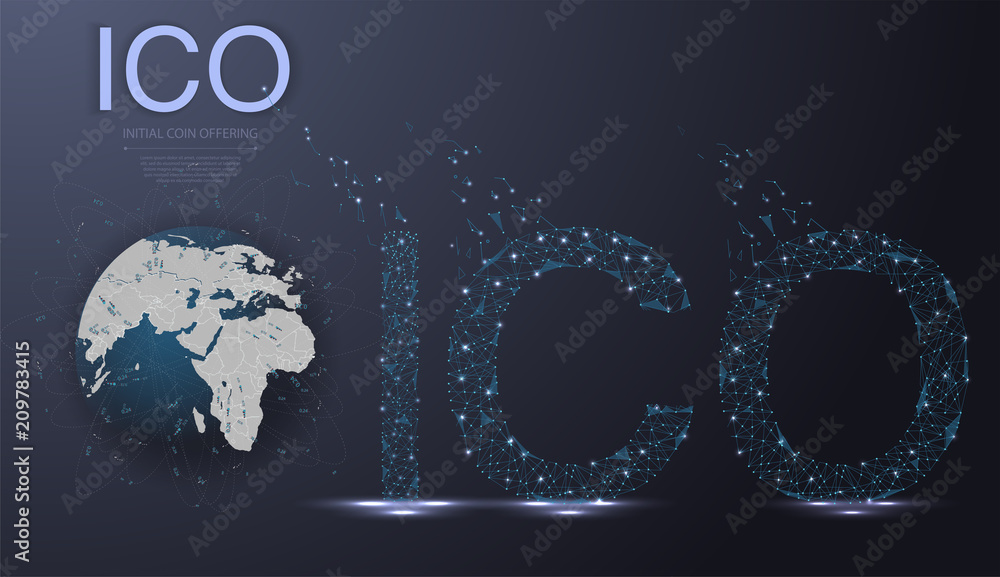 Aufkleber ICO initial coin offering futuristic hud background with world map and blockchain peer to peer network. Global cryptocurrency ICO coin sale event - blockchain business banner concept.
