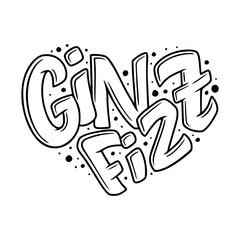 Cocktail name, lettering in heart - Gin Fizz. Hand drawn illustration in bubble style. Template for poster, banner, print.