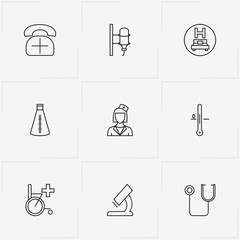 Medicine line icon set with hospital bed , drop counter and wheelchair