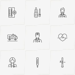 Medicine line icon set with thermometer, dropper  and doctor