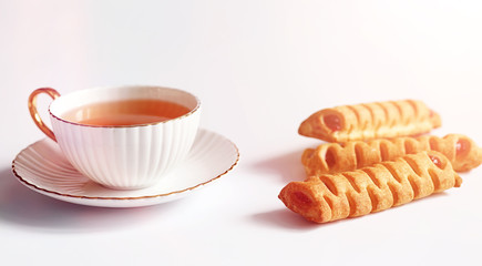 Tea with pastries for breakfast. Sweets and pastries with nuts f
