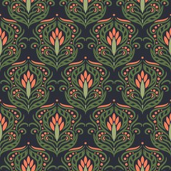 Floral damask green seamless vector pattern.