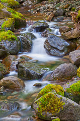 Small waterfall landscape flows over moss covered rocks with motion blur