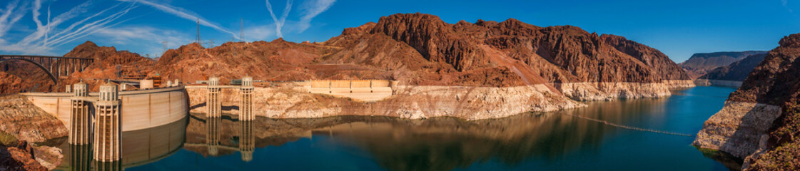Panoramic View of Hoover Dam, Utah. Attracting more than a million visitors a year, Hoover Dam is...