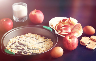Preparation of apple pie at home. Homemade pastries with apples