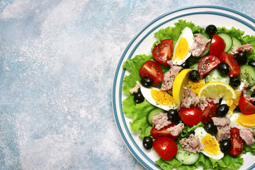 Tuna salad with cherry tomatoes, cucumber, black olives and boiled eggs.Top view with copy space.