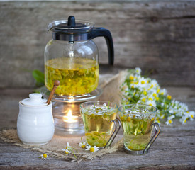 cup of chamomile tea with chamomile flowers on wooden planks 