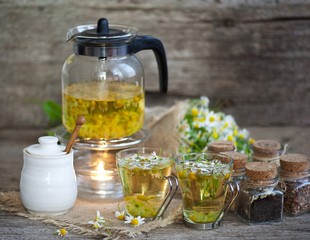cup of chamomile tea with chamomile flowers on wooden planks 