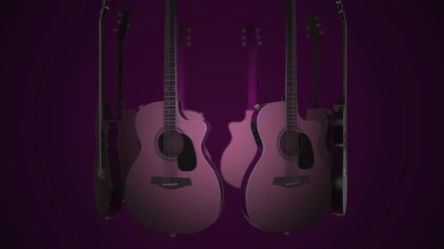 Flying Guitars - Classic, Folk, Bard, Rock Music Instrument. Realistic 3D animation on violet background. Guitar animation