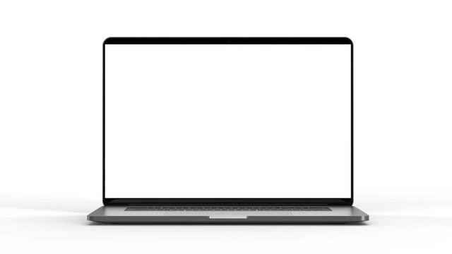 Laptop with blank screen isolated on white background. Whole in focus. 4K 30fps Template, mockup.