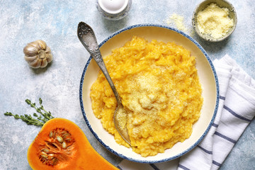 Delicious pumpkin risotto with garlic and thyme.Top view.