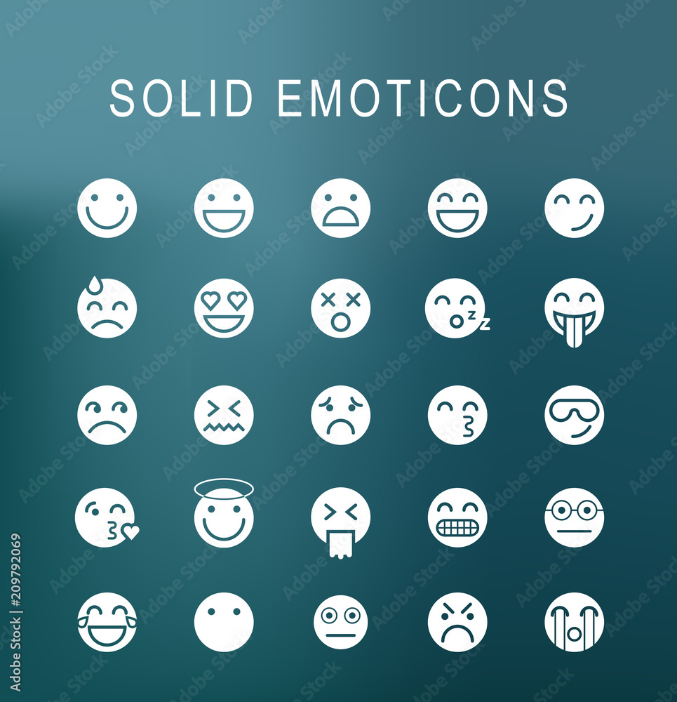 Poster set of 25 universal solid emoticons icons on dark background . isolated elements