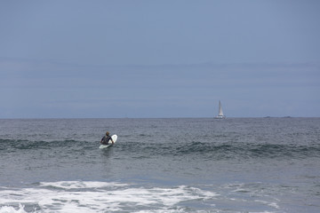 The surf enters the water. Male surfer entering the sea with his board in a black surfing suit. Tenerife, Spain. Surfer entering the ocean .Ready for a great surfing day.