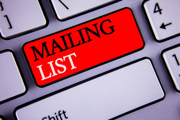 Writing note showing  Mailing List. Business photos showcasing Names and addresses of people you...