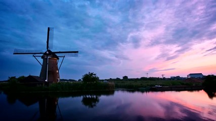 Windmills at Kinderdijk in Holland on sunset. Netherlands