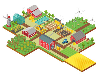 Vector 3d isometric rural farm with mill, garden field, farm animals, trees, tractor combine harvester, house, windmill and warehouse for app and game.