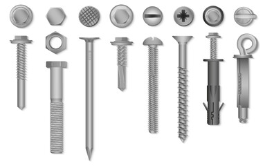 Realistic 3d vector screws, nuts, bolts, rivets and nails for fastening and fixing. - obrazy, fototapety, plakaty