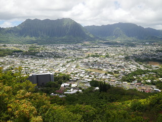 Kaneohe city view with koolau mountain range Oahu island Windward side Hawaii