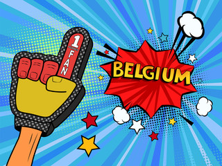 Male hand in the country flag glove of a sports fan raised up celebrating win and Belgium speech bubble with stars and clouds. Colorful illustration in retro comic style