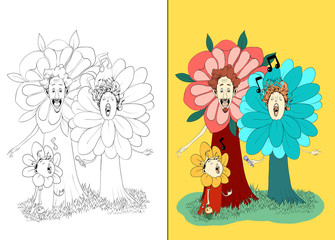 Obraz na płótnie Canvas Coloring page for children with outline characters and simple color version. Image isolated on white background. illustration of a family of singing flowers, with the drawn outline, to be colored.