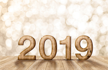 2019 happy year wood number in perspective room with sparkling bokeh wall and wooden plank floor.