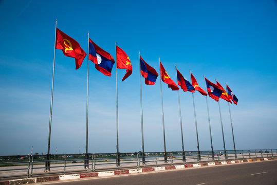 flag of laos nation with beautiful blue sky on background