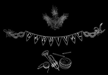 Black carnival background with white musical instruments.