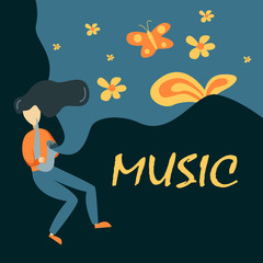 Saxophone Player Vector Illustration In Primitive Cartoon Childish Style Isolated On Floral Background