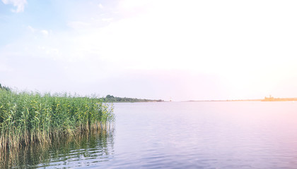 Landscape lake. Texture of water. The lake is at dawn. The mouth