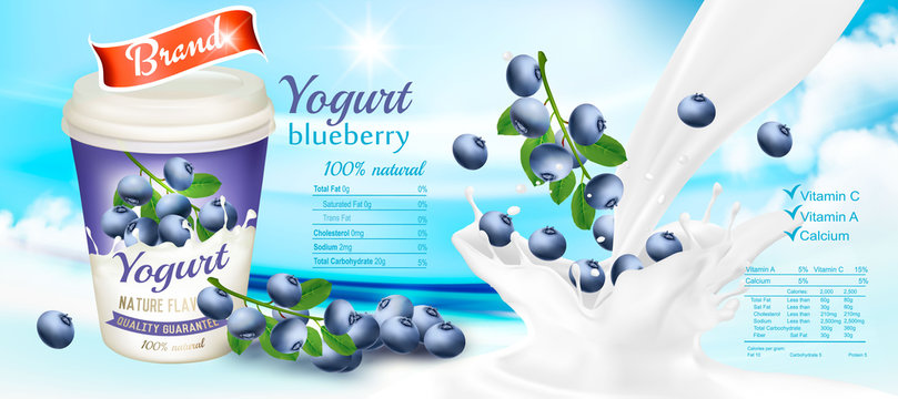 White yogurt with fresh blueberries in plastic cup. Advertisment design template. Vector.
