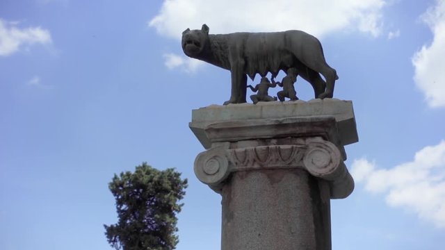 Statue of she-wolf on Capitoline hill in slow motion. Twins founders of Rome city - Romulus and Remus - suckling she-wolf. Icon of Italian capital Rome city