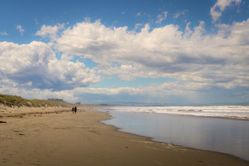 Fototapeta na wymiar Peaceful walk along a sandy beach on a cloudy summer day