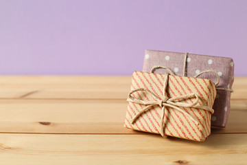 Gift boxes on wooden table
