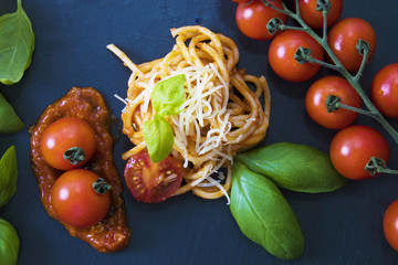 spaguetis pasta with salsa and cheese, mediterranean creative diet