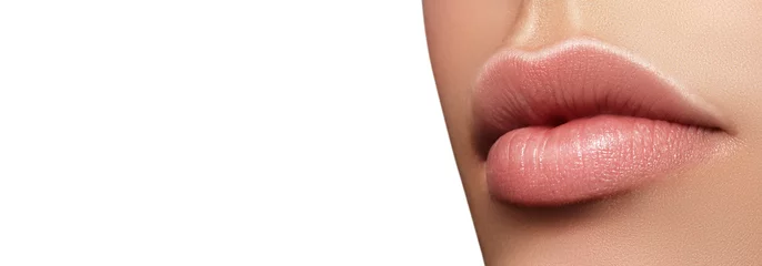 Poster Closeup perfect natural lip makeup. Beautiful plump full lips on female face. Spa tender lips. Blank Space © marinafrost