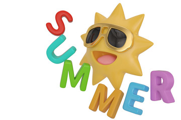 Cartoon sun and summer word on white background 3D illustration.