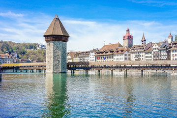 Panoramic view of city center of Lucerne with famous Chapel Bridge and lake Lucerne (Vierwaldstatersee), Canton of Lucerne, Switzerland