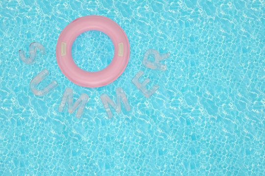 Inflatable ring and summer word on blue water 3D illustration.