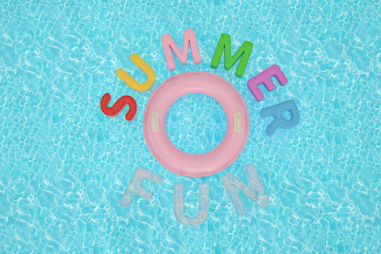 Inflatable ring and summer fun on blue water 3D illustration.
