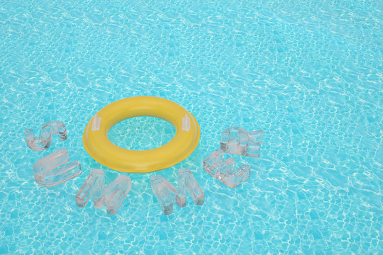 Inflatable ring and summer on blue water 3D illustration.