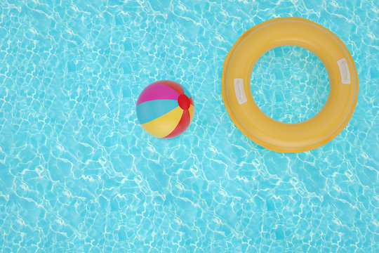 Inflatable ring and ball on blue water 3D illustration.