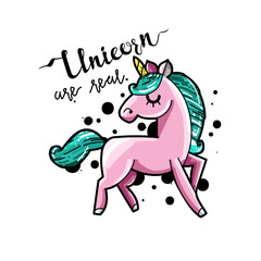 Cute magic unicorn. Romantic card with unicorn. Hand drawn vector rector style illustration.