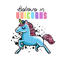 Cute magic unicorn. Romantic card with unicorn. Hand drawn vector rector style illustration.