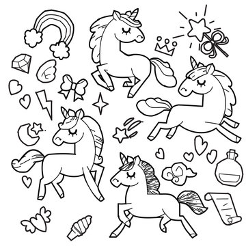 Cute unicorn and pony collection with magic items, rainbow, fairy wings, crystals, clouds, potion. Hand drawn line style. Vector doodles illustrations.