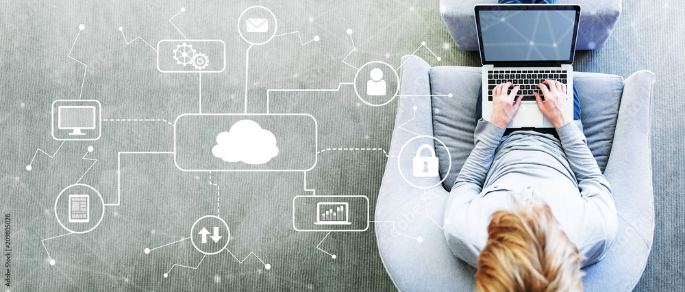 Poster cloud computing with man using a laptop in a modern gray chair