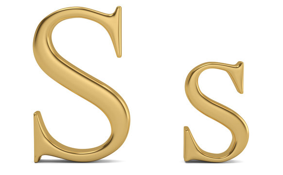 Gold metal s alphabet isolated on white background 3D illustration.
