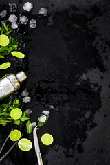 Ingredients and crockery for making mojito. Slices of lime, mint, sugar cubes, glass with ice...